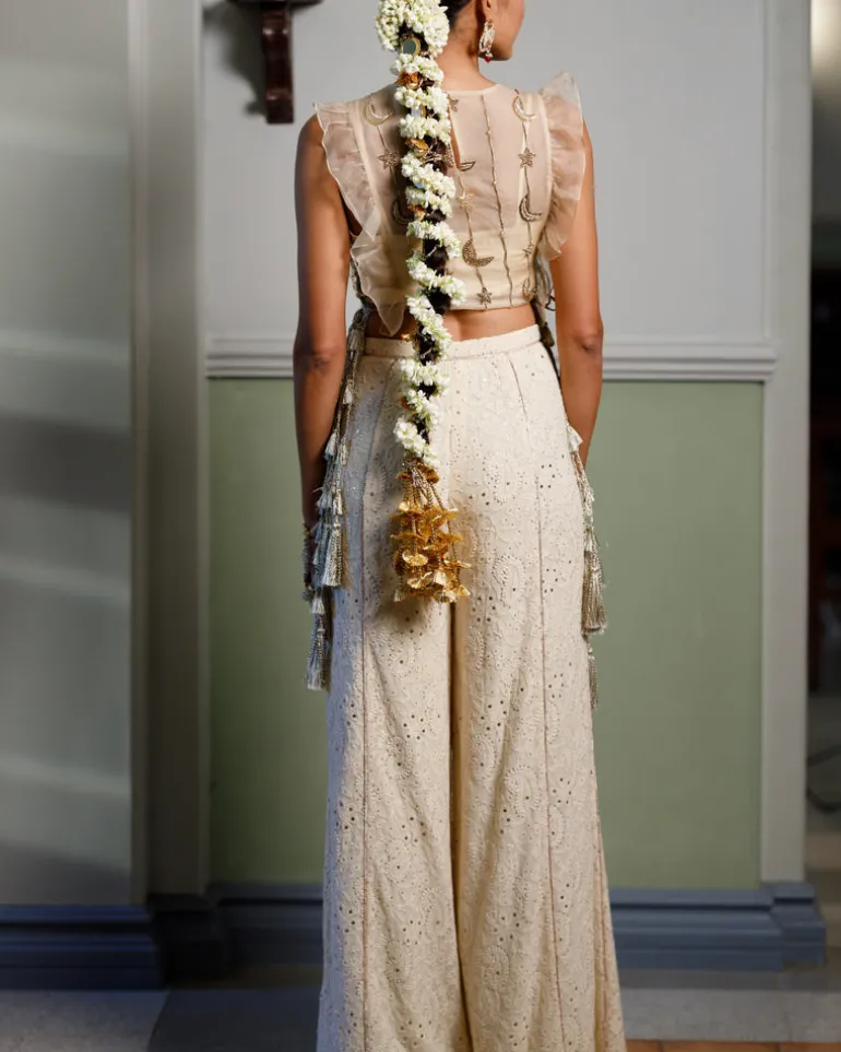 Stone Embroidered Bib With Ruffle And Side Tie-Up Bustier With Pant Set