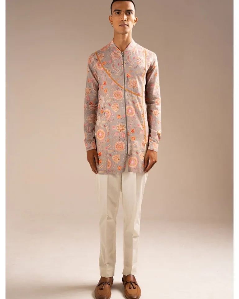 Stone Versailles Cotton Linen Zipper Kurta Pyjama Set