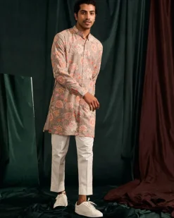 Stone Versailles Cotton Linen Kurta With Cream Pajama Set