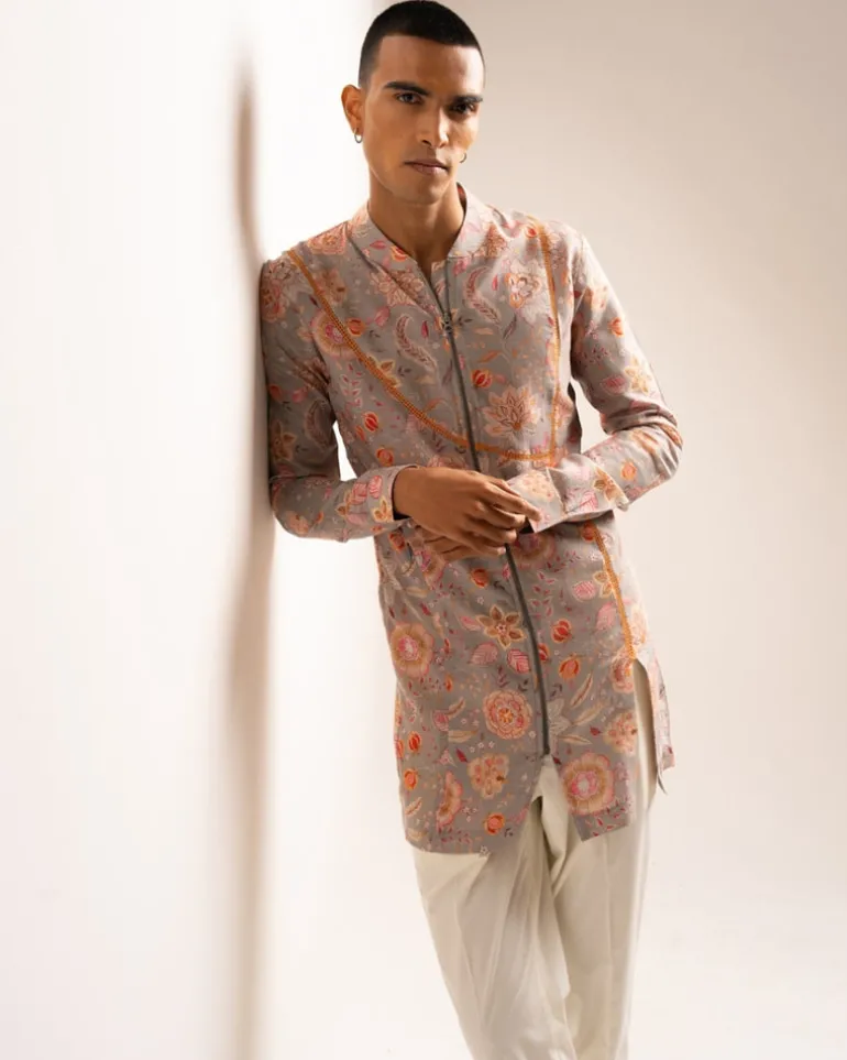 Stone Versailles Cotton Linen Zipper Kurta Pyjama Set