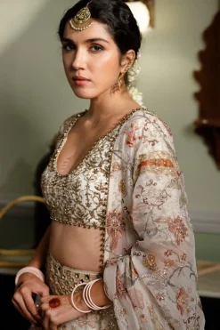 Sultana Cream Embroidered Choli With Cream Printed Lehenga And Embroidered Dupatta Set