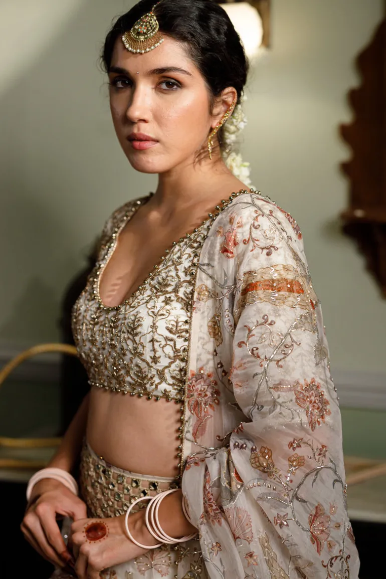 Sultana Cream Embroidered Choli With Cream Printed Lehenga And Embroidered Dupatta Set
