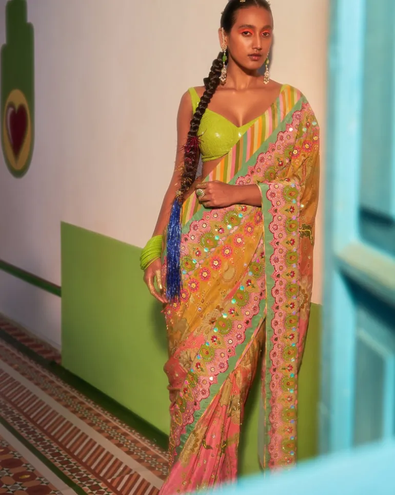 Sunset Orange Ombre Embroidered Sari Set