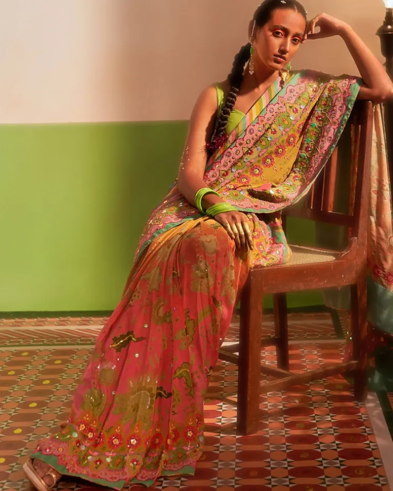 Sunset Orange Ombre Embroidered Sari Set
