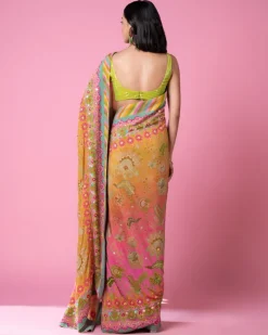Sunset Orange Ombre Embroidered Sari Set