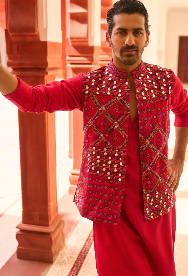 Surkh Laal Kurta Paired With Embroidered Bandi Jacket Paired With Churidar