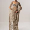 Tan Tulle Sari With 3D Petal Aanchal And Beaded Blouse