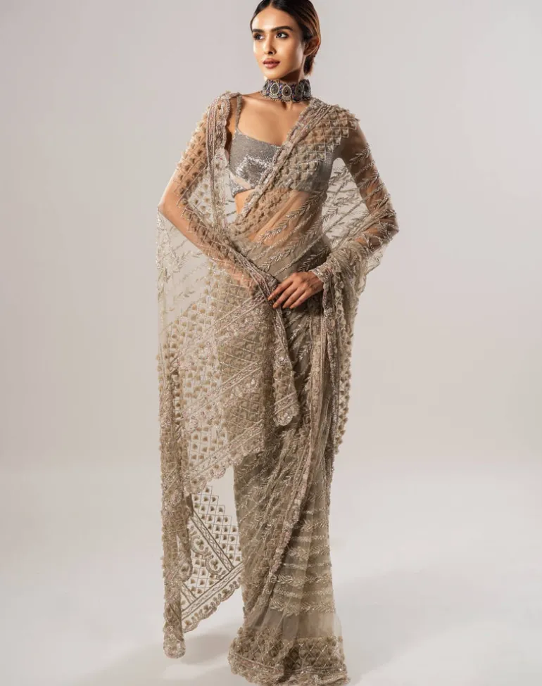 Tan Tulle Sari With 3D Petal Aanchal And Beaded Blouse