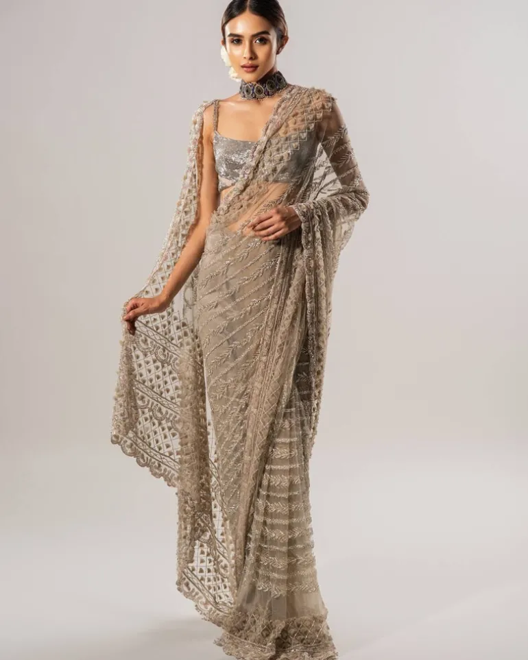 Tan Tulle Sari With 3D Petal Aanchal And Beaded Blouse