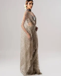 Tan Tulle Sari With 3D Petal Aanchal And Beaded Blouse