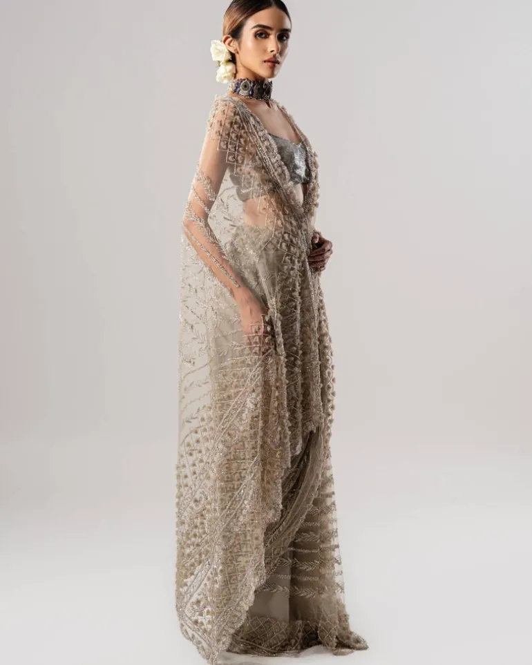 Tan Tulle Sari With 3D Petal Aanchal And Beaded Blouse