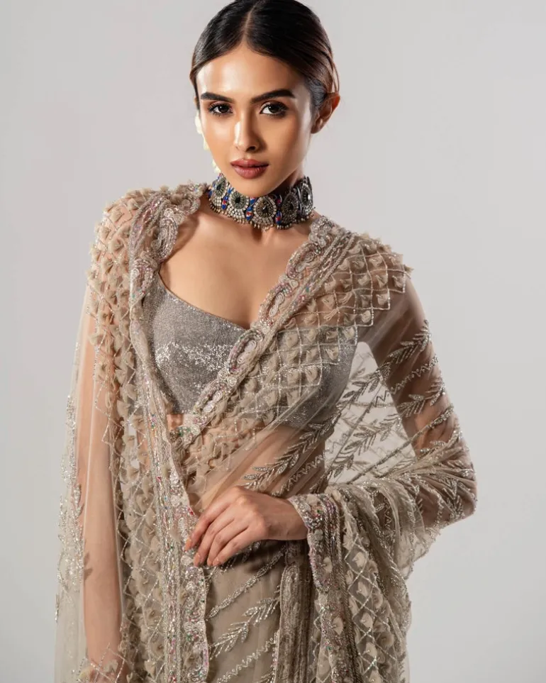 Tan Tulle Sari With 3D Petal Aanchal And Beaded Blouse