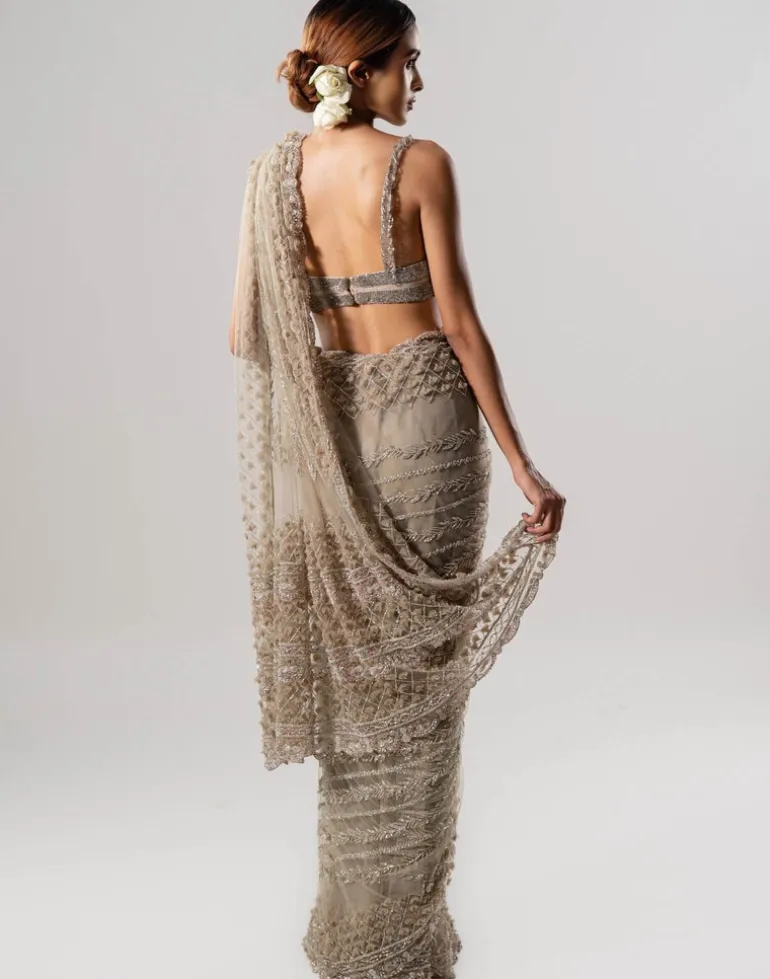 Tan Tulle Sari With 3D Petal Aanchal And Beaded Blouse