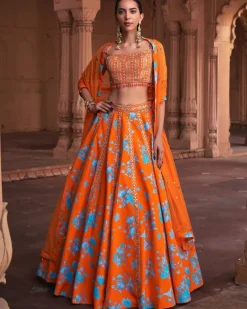 Tangerine Floral Print & Highlighted Lehenga Set