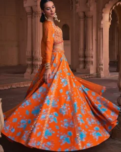 Tangerine Floral Print & Highlighted Lehenga Set