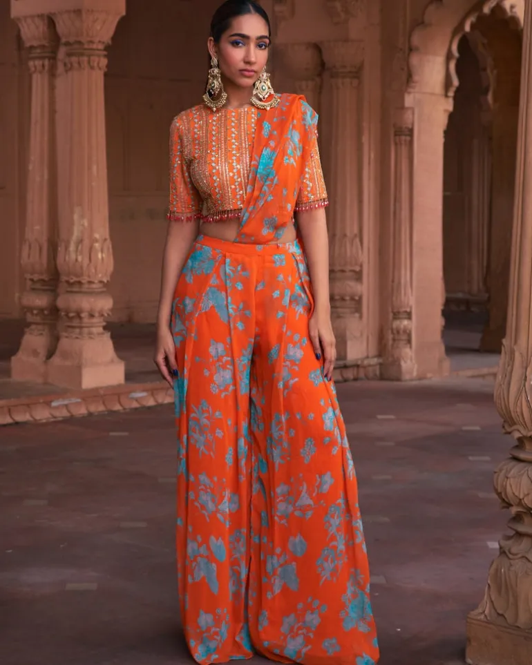Tangerine Floral Print and Highlighted Pant Sari Set