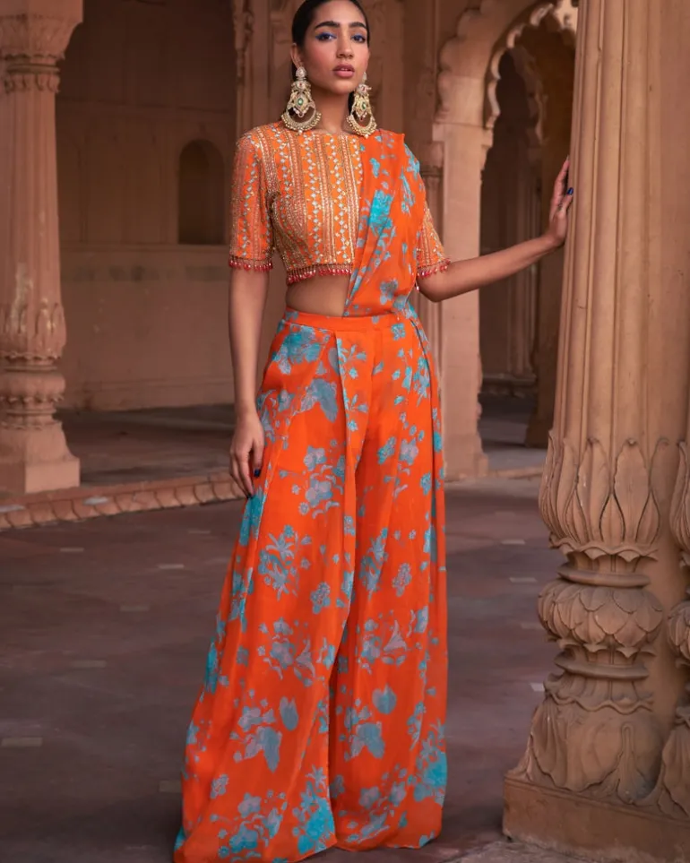 Tangerine Floral Print and Highlighted Pant Sari Set