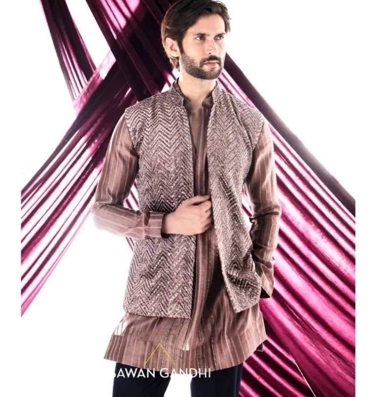 Taupe Chevron Nehru Jacket Set