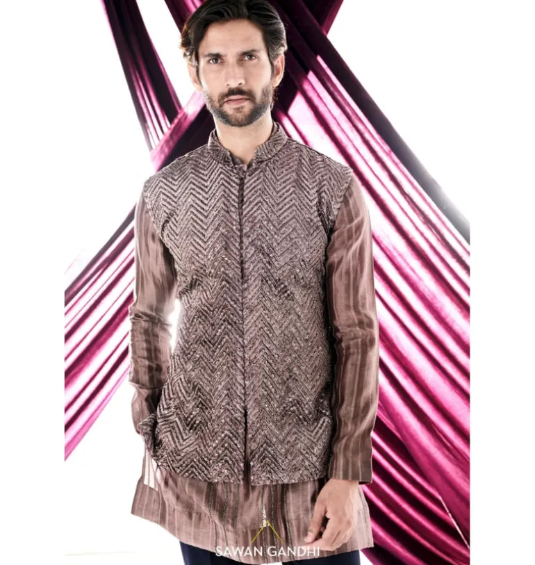 Taupe Chevron Nehru Jacket Set