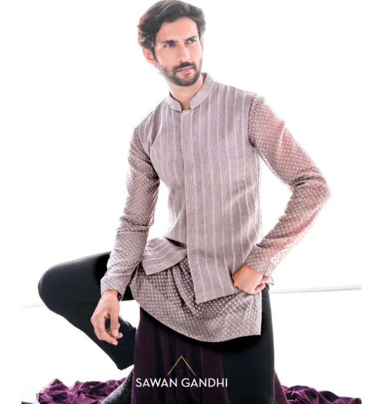 Taupe Cutdana Lines Nehru Jacket Set