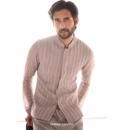Taupe Cutdana Lines Nehru Jacket Set