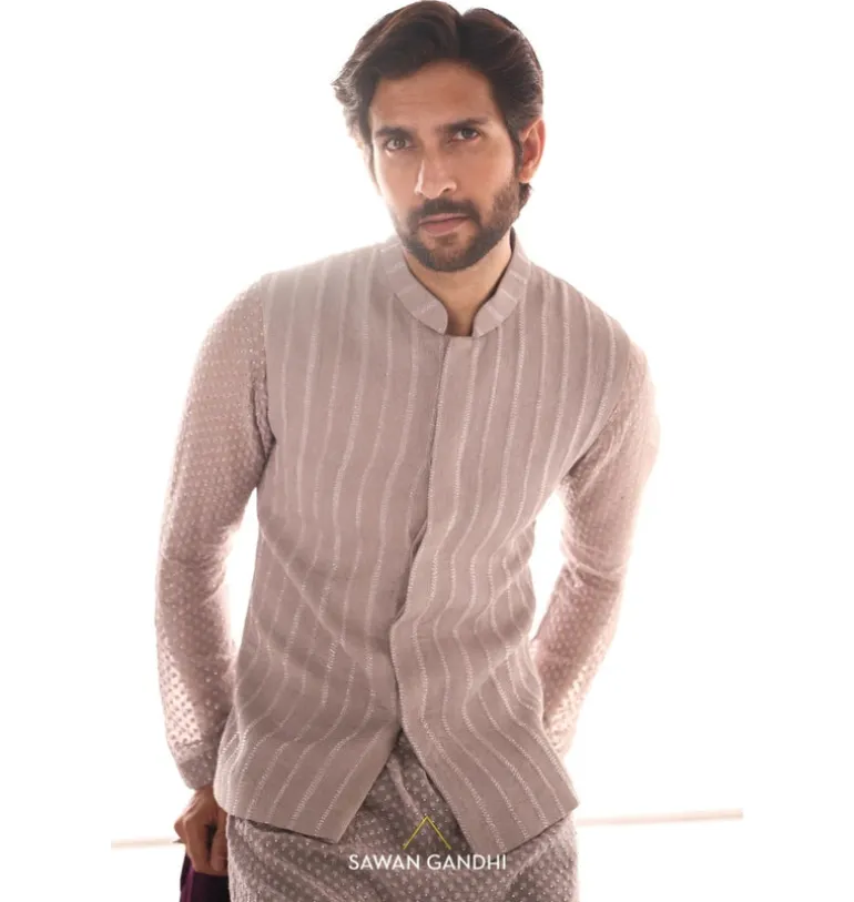 Taupe Cutdana Lines Nehru Jacket Set