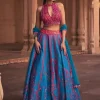 Teal Big Floral Print and Embroidered Lehenga Set