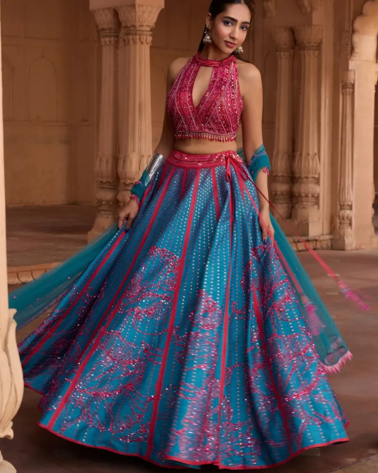Teal Big Floral Print and Embroidered Lehenga Set
