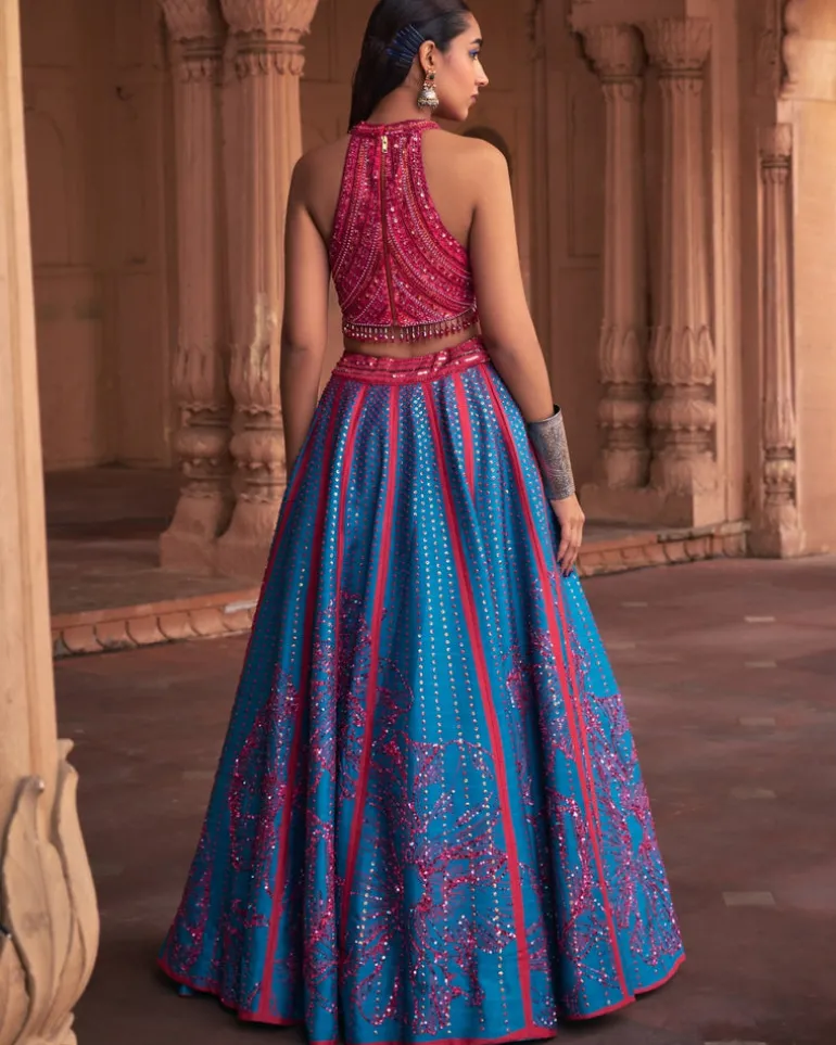 Teal Big Floral Print and Embroidered Lehenga Set