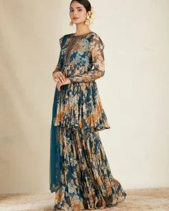 Teal Blue Chiffon Floral Peplum Set