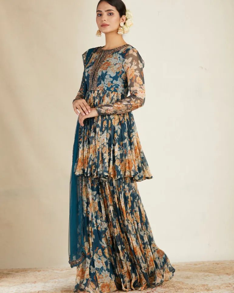 Teal Blue Chiffon Floral Peplum Set
