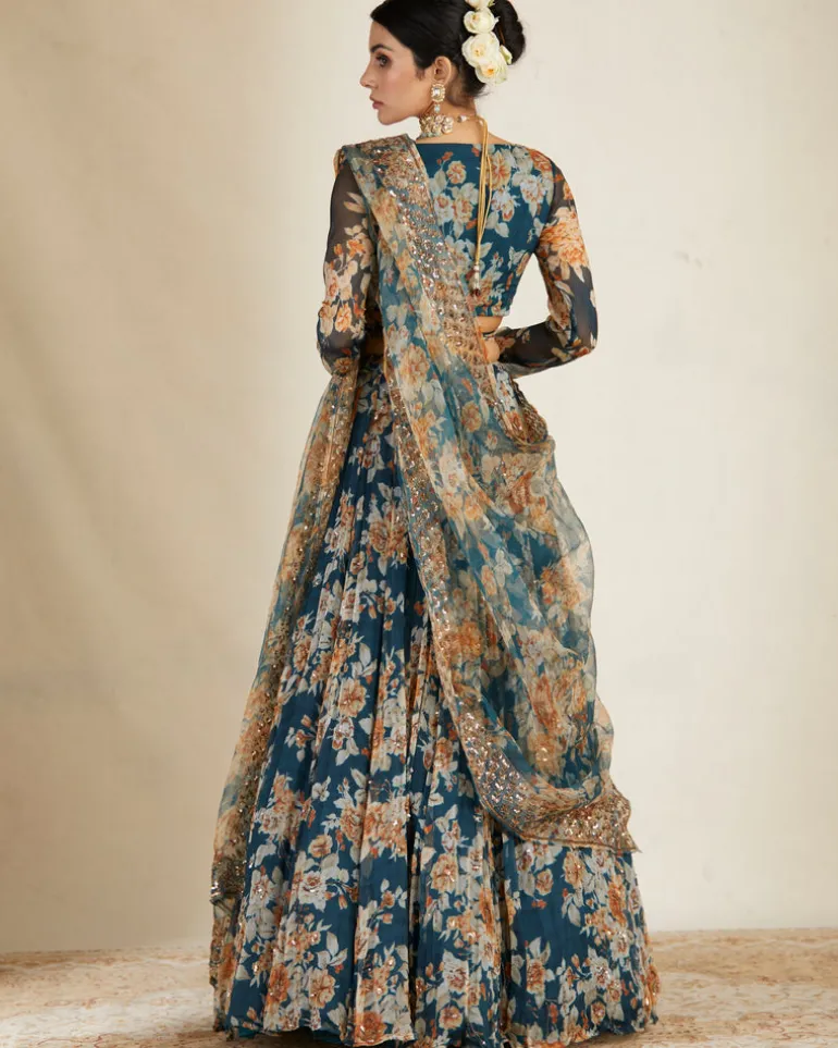Teal Blue Chiffon Floral Lehenga Set