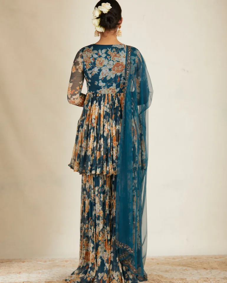 Teal Blue Chiffon Floral Peplum Set