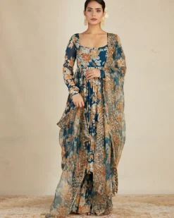 Teal Blue Georgette Floral Anarkali Set