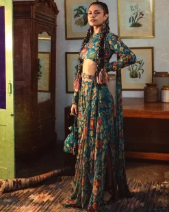 Teal Blue Jaal & Floral Pant Sari
