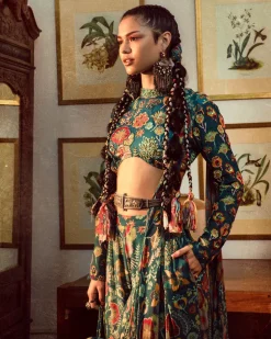 Teal Blue Jaal & Floral Pant Sari