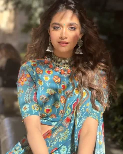 Teal Blue Jaal & Floral Pant Sari