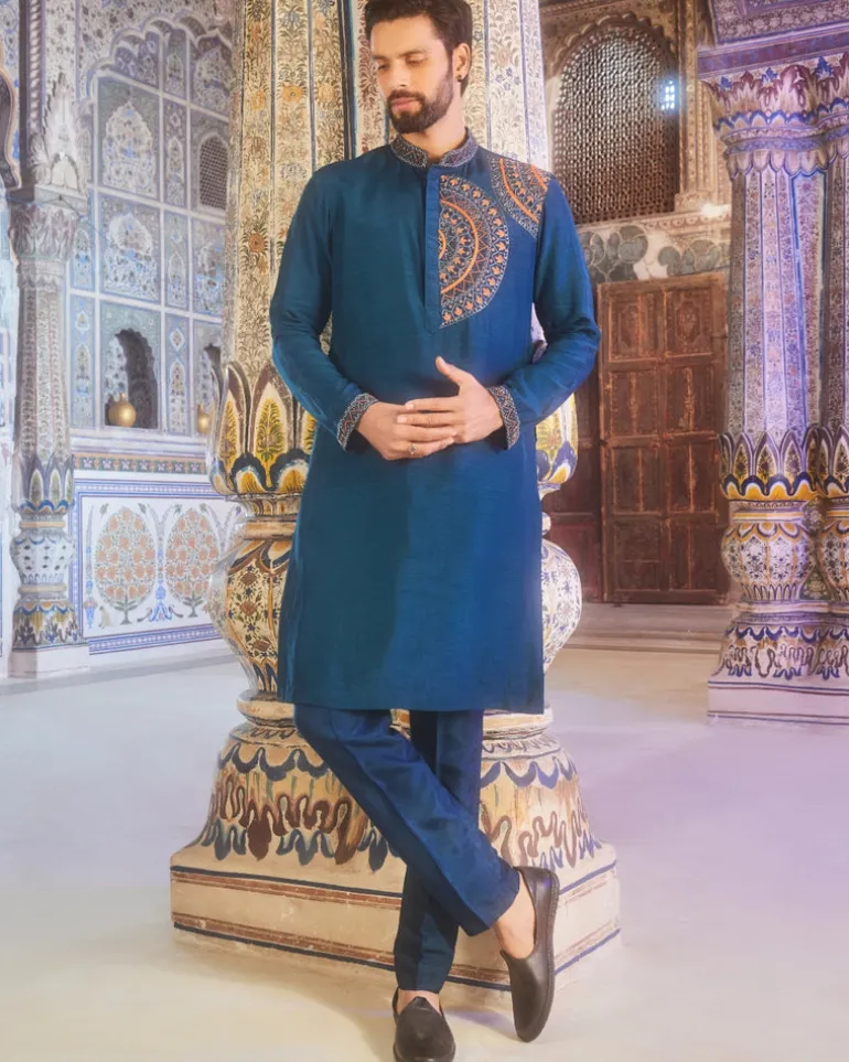 Teal Blue One Side Embroidered Kurta Set