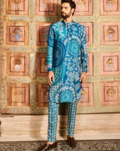 Teal Blue Thikri Printed Kurta Set