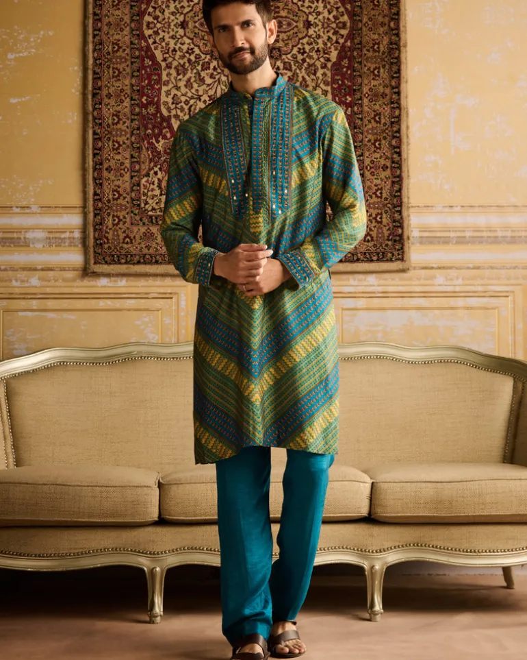 Teal Chevron Print & Embellished Kurta With Solid Teal Pants