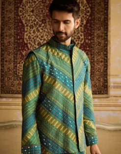 Teal Chevron Print & Embellished Kurta With Solid Teal Pants