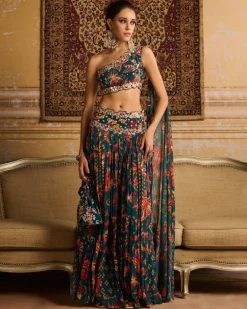 Teal Embroidered Blouse And Pleated Pants