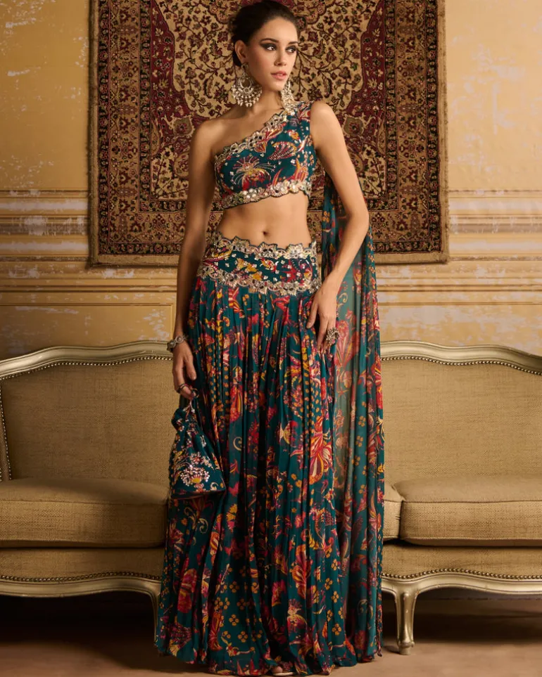 Teal Embroidered Blouse And Pleated Pants