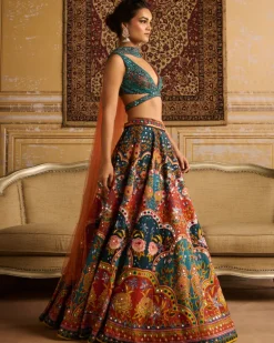 Teal Embroidered Blouse And Lehenga Set