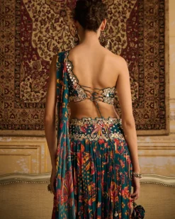 Teal Embroidered Blouse And Pleated Pants