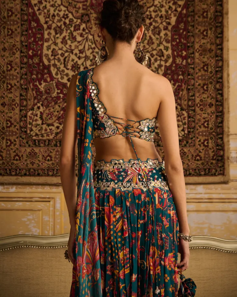 Teal Embroidered Blouse And Pleated Pants