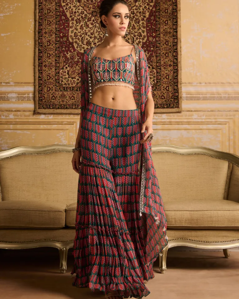Teal Embroidered Blouse With Cape Set