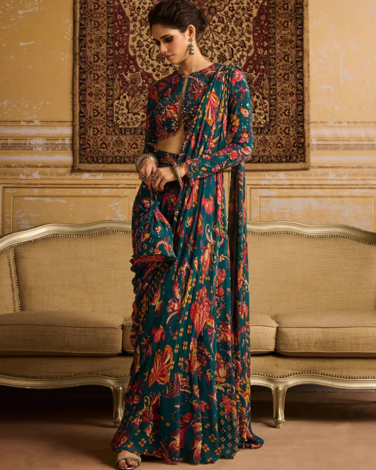 Teal Embroidered Blouse With Pant Sari Set