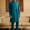 Teal Floral & Geometric Embroidered Kurta With Teal Pants