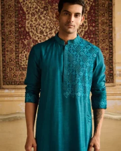 Teal Floral & Geometric Embroidered Kurta With Teal Pants